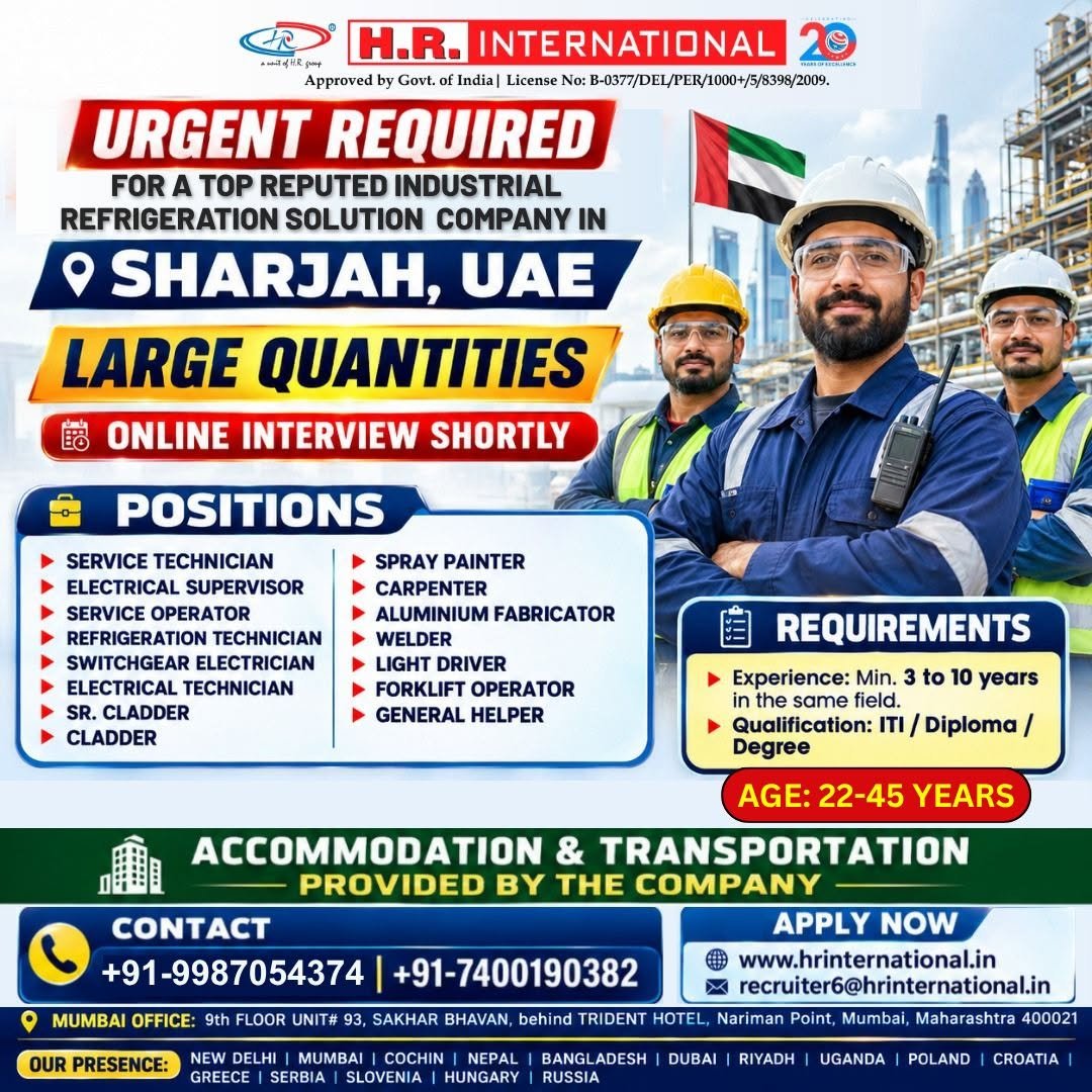 UAE - Hiring for a top reputed Industrial Refrigeration Solution Company in Sharjah