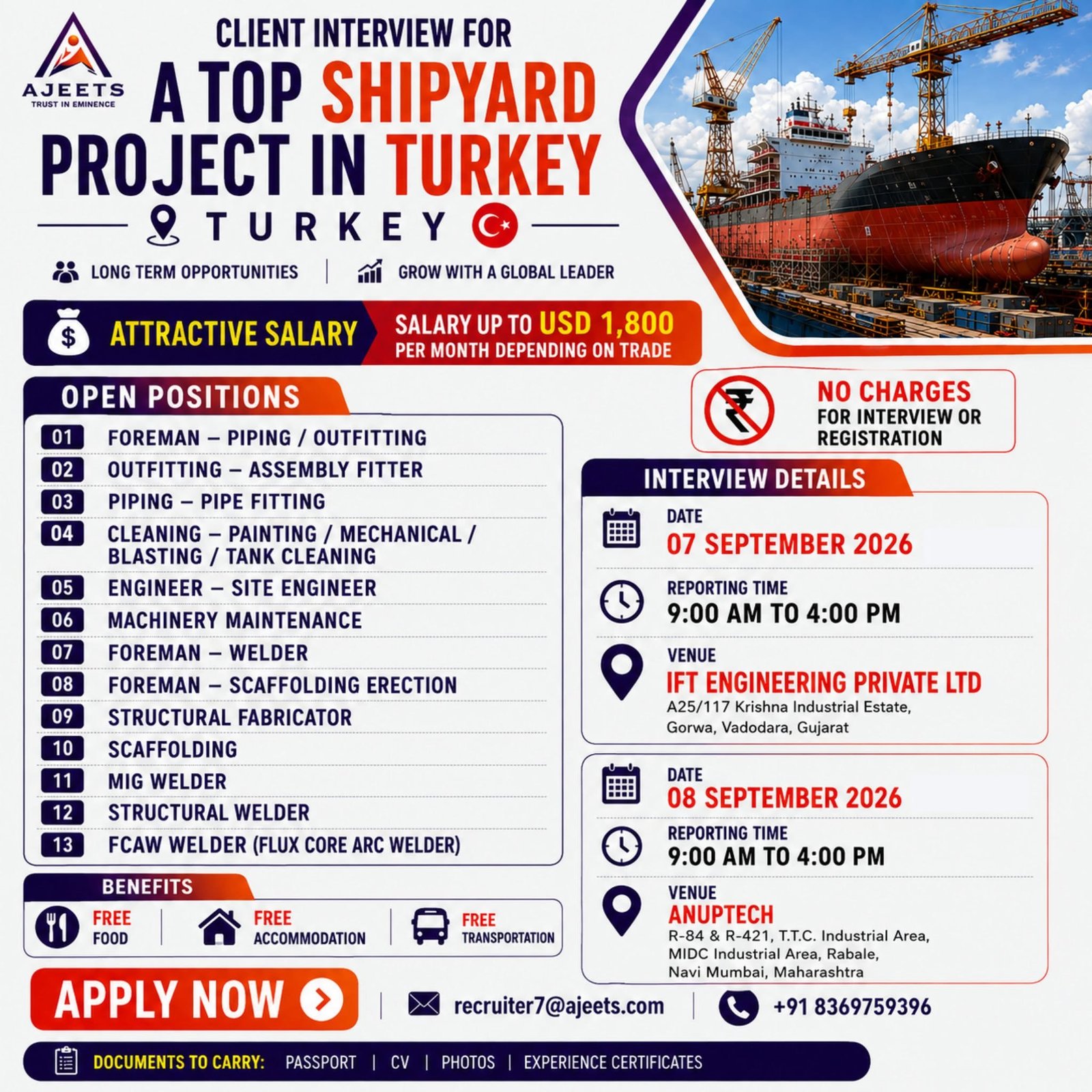Hiring For  for a top shipyard project in Turkey - Apply Now