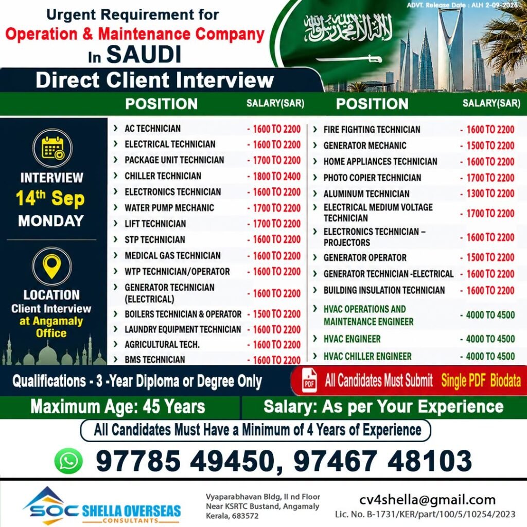 Saudi Arabia Jobs 2026: Urgent Recruitment for Operation & Maintenance Company