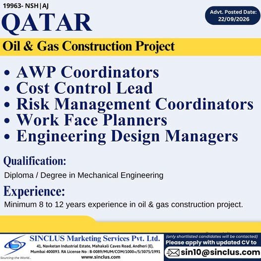 Hiring professionals for an upcoming Oil & Gas Construction Project in Qatar