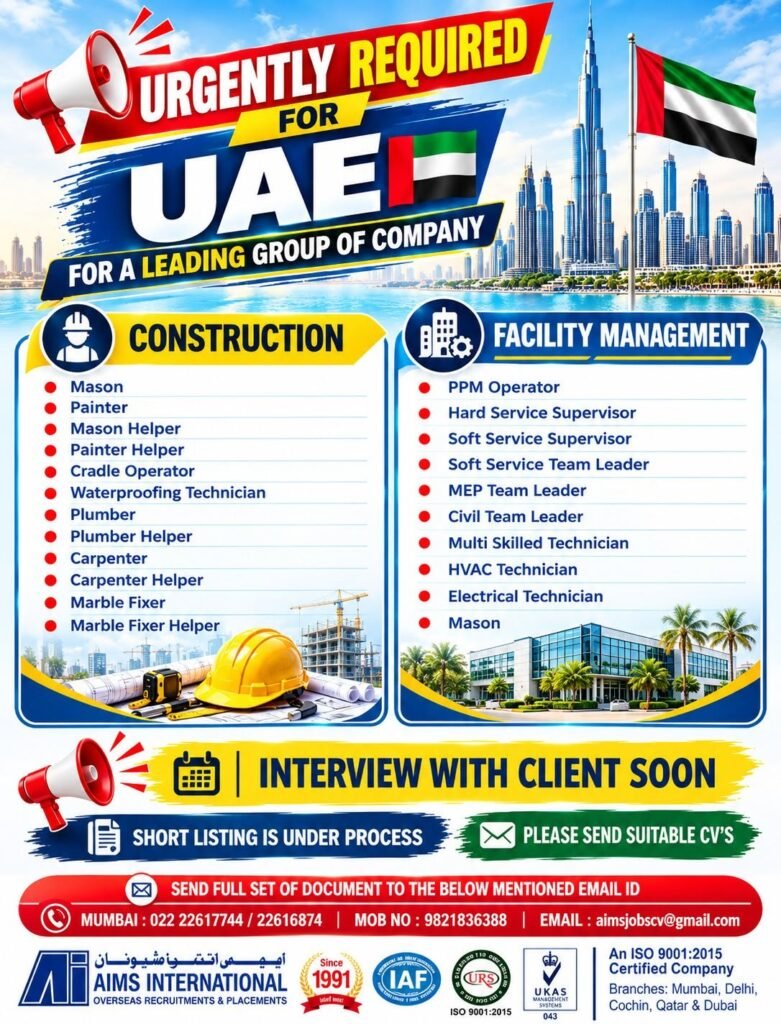 UAE Jobs 2026: Construction and Facility Management Vacancies in the United Arab Emirates