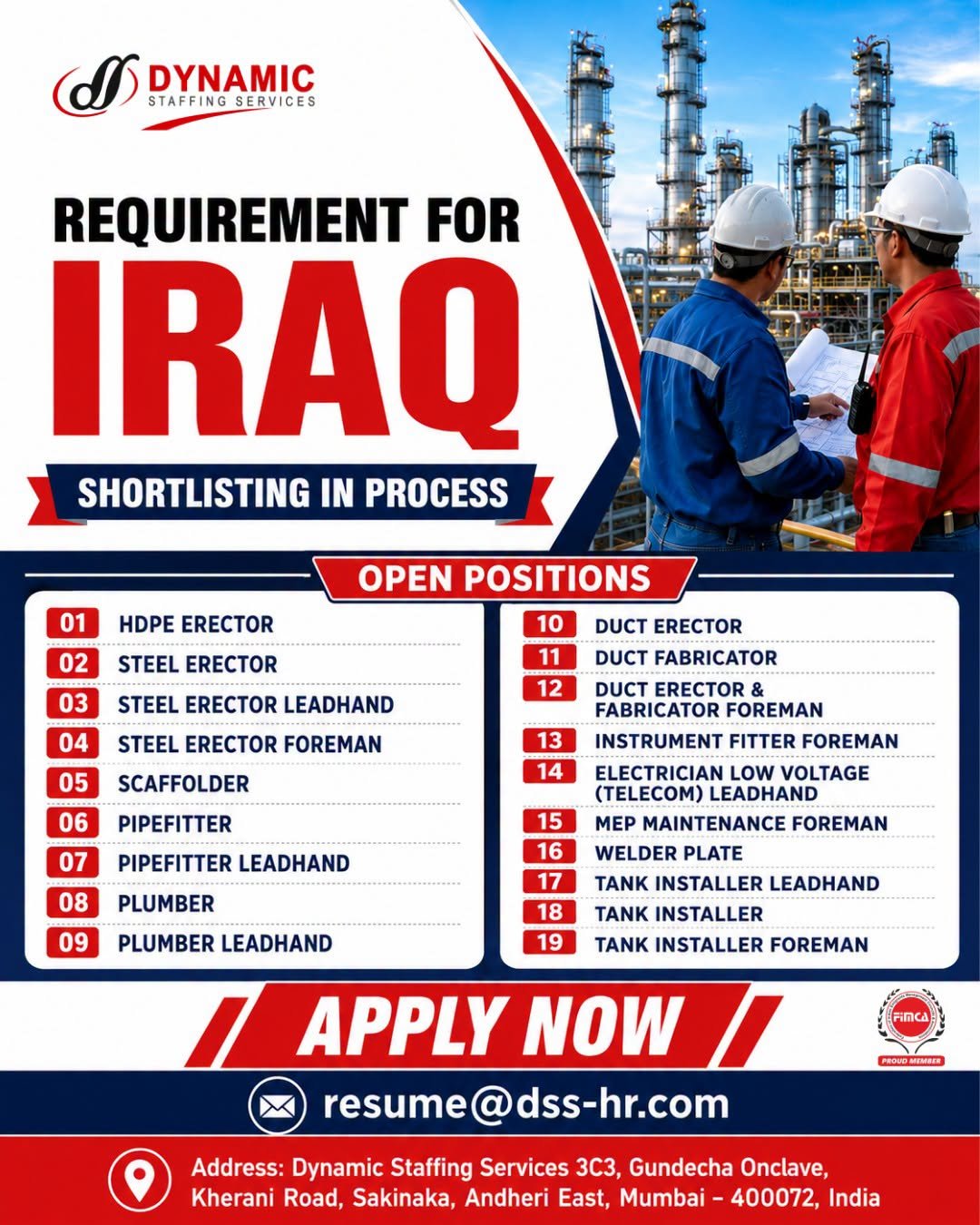 Iraq Jobs 2026: 19 Vacancies for Steel, Piping, Duct, Tank and MEP Professionals