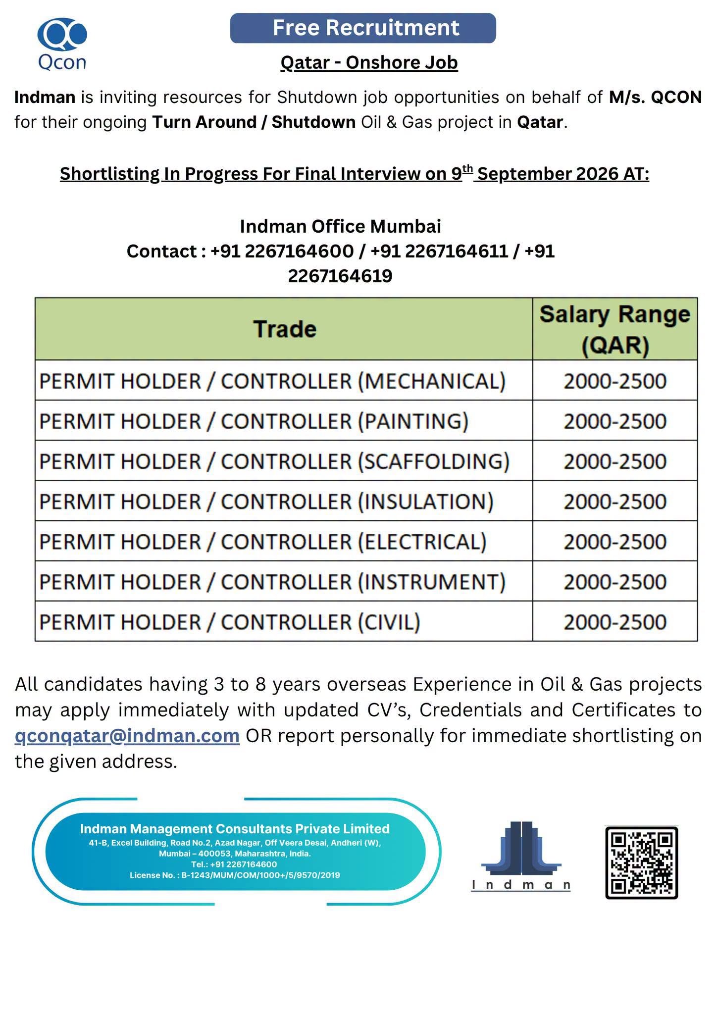 Qatar Jobs 2026: QCON Shutdown Vacancies for Permit Holders and Controllers