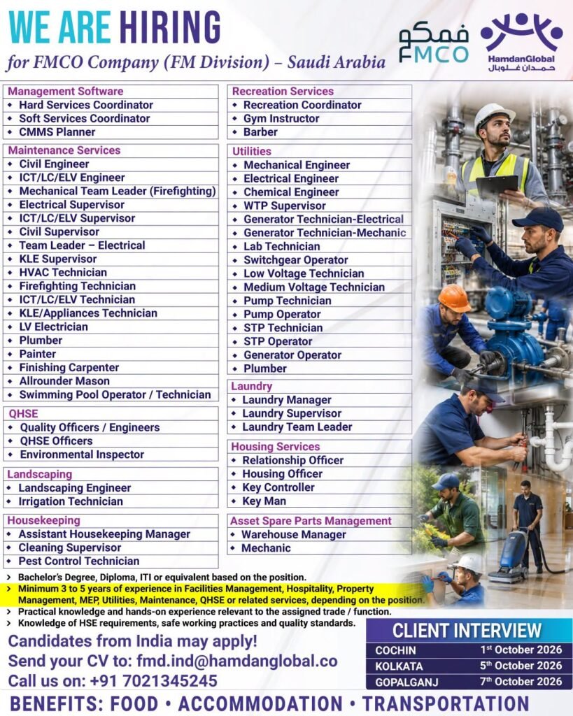 hiring for FMCO Company (FM Division) - Saudi Arabia