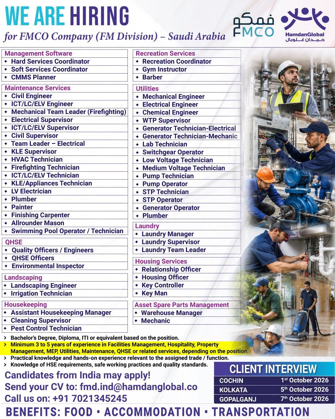 hiring for FMCO Company (FM Division) - Saudi Arabia
