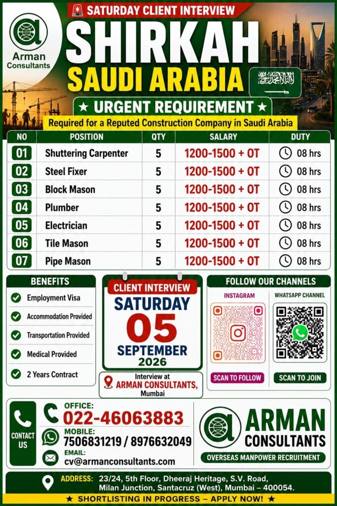 Jobs in Saudi Arabia 2026 – Hiring For A reputed construction company Jobs in Saudi Arabia 2026 – Hiring For A reputed construction company