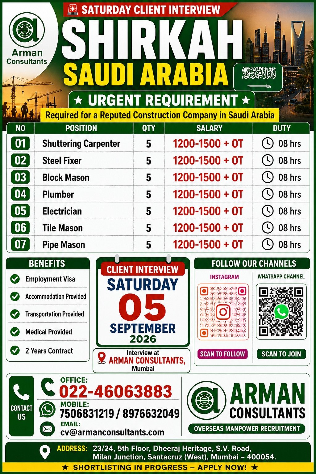 Jobs in Saudi Arabia 2026 – Hiring For A reputed construction company