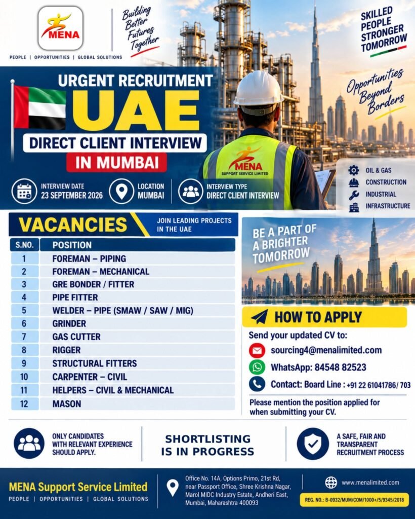 UAE Jobs 2026 – Urgent Recruitment for Oil & Gas, Construction & Industrial Projects