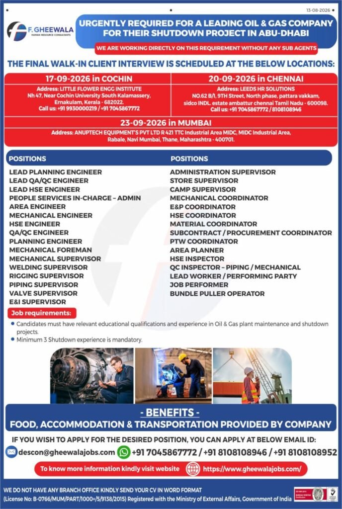 Abu Dhabi Shutdown Project Jobs 2026 – Urgent Recruitment for Oil & Gas Company