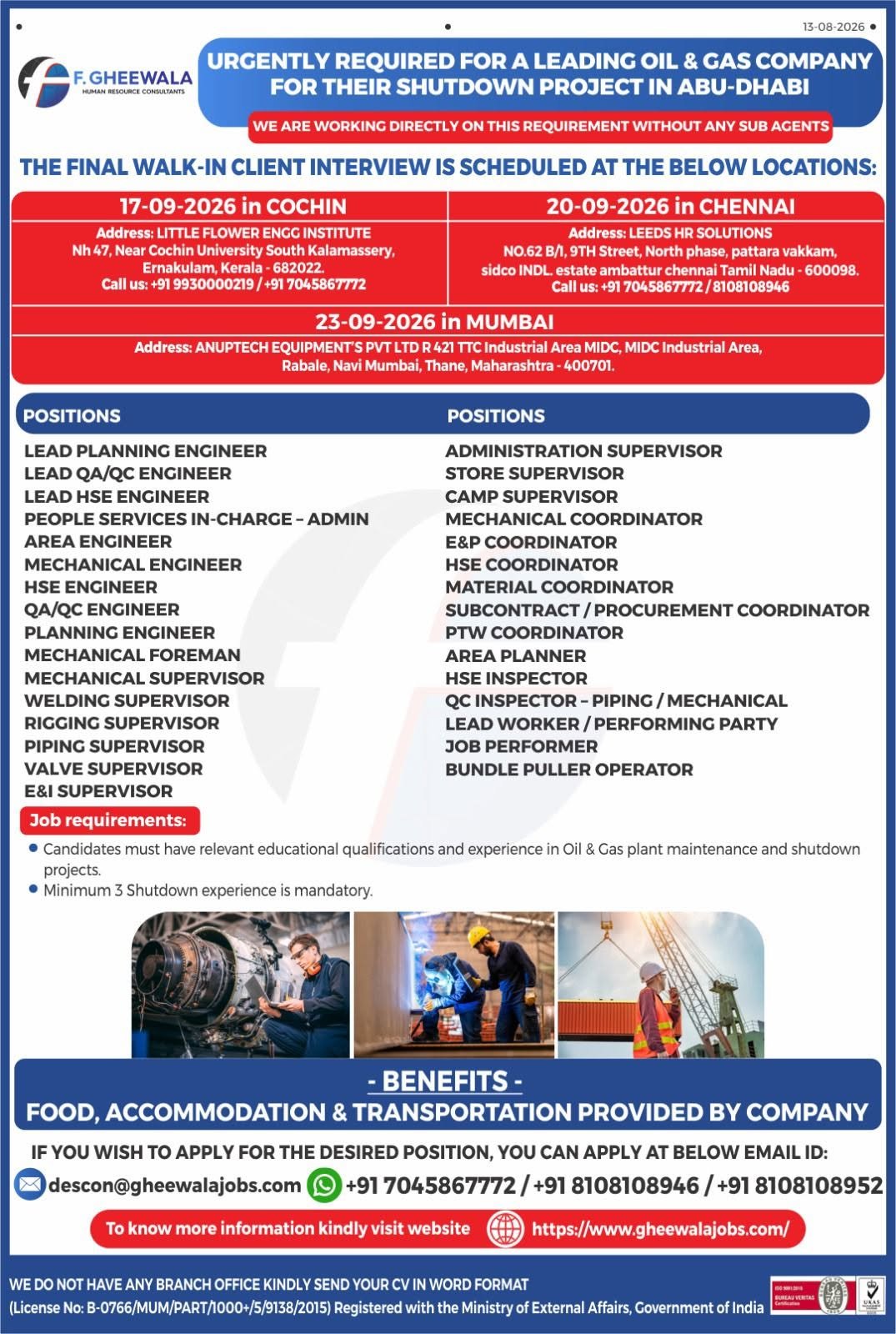 Abu Dhabi Shutdown Project Jobs 2026 – Urgent Recruitment for Oil & Gas Company