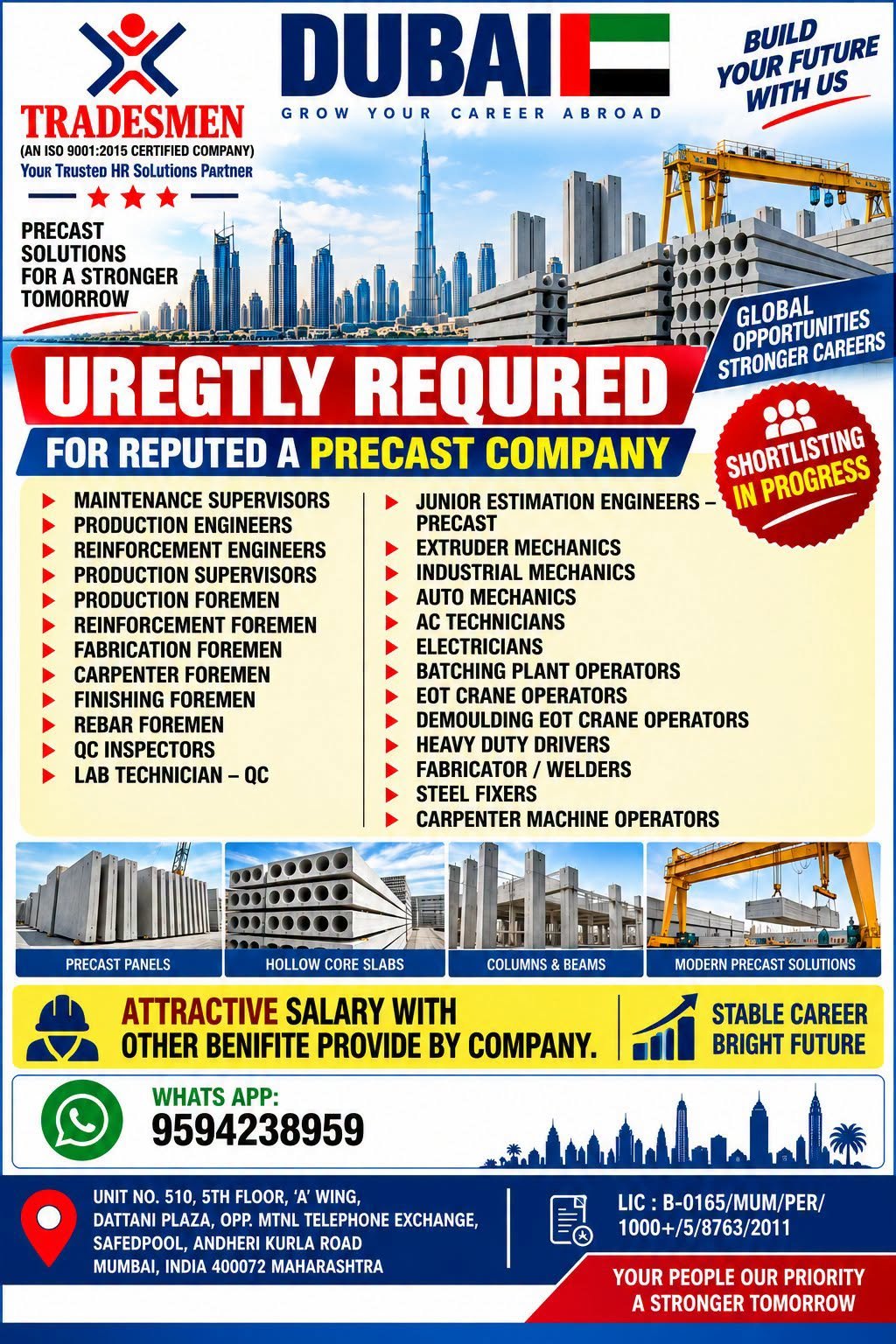Dubai Jobs 2026: Urgent Hiring for Precast Company – Engineers, Supervisors, Mechanics, Welders and More
