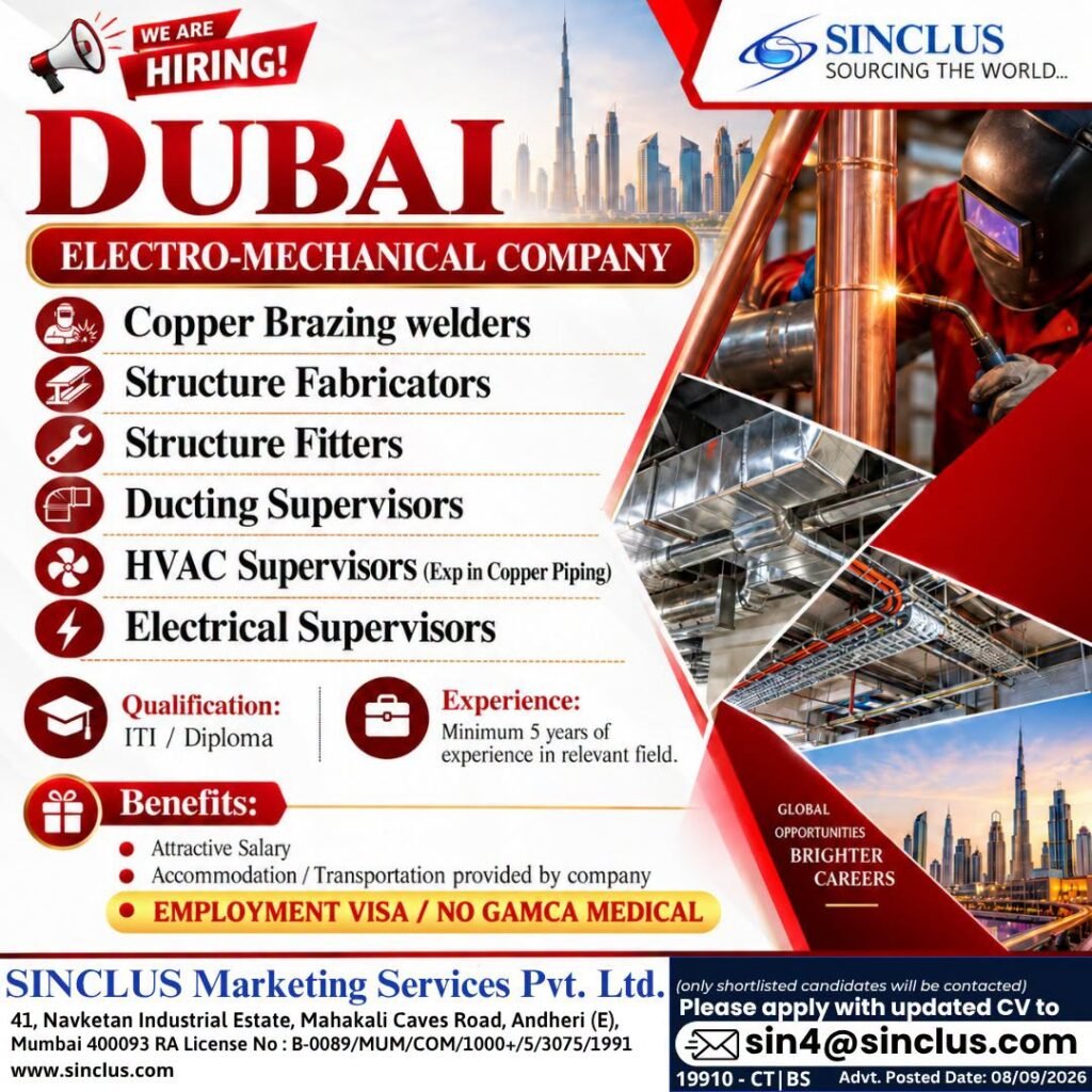 Hiring For a reputed Electro-Mechanical Company in Dubai