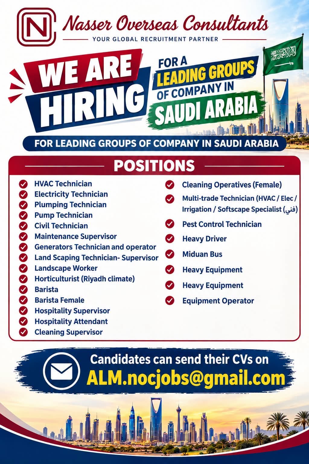 Saudi Arabia Jobs 2026: Multiple Vacancies for Technicians, Drivers, Hospitality and Cleaning Staff