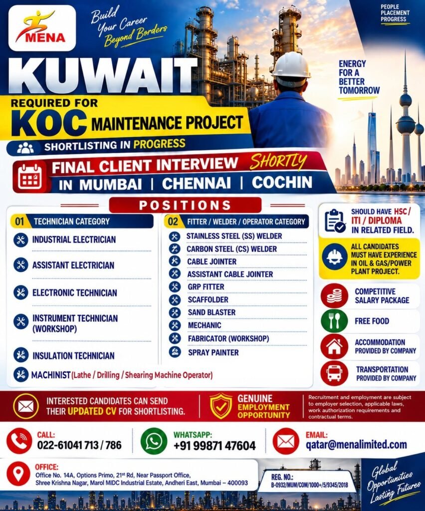Recruiting For Maintenance Project in Kuwait.