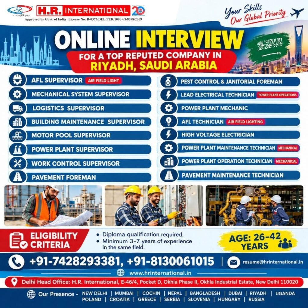Saudi Arabia Jobs 2026: Online Interview for Riyadh Jobs in Supervisory and Technical Roles