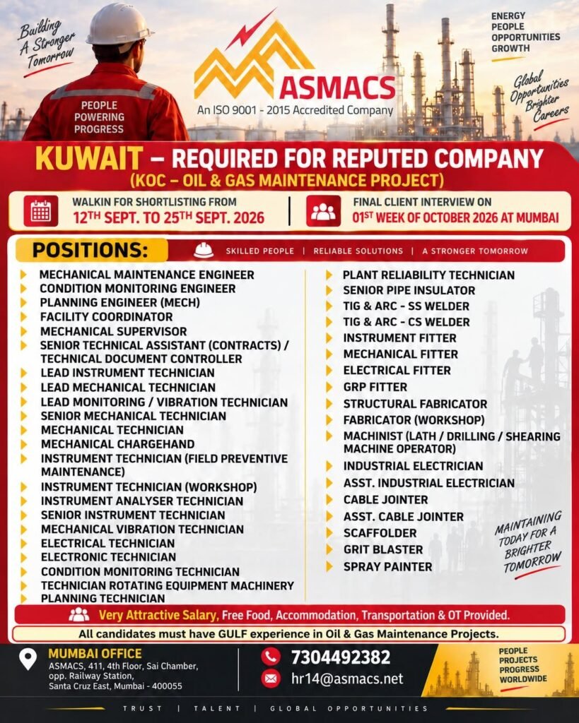 Hiring for Kuwait – Oil & Gas Maintenance Project