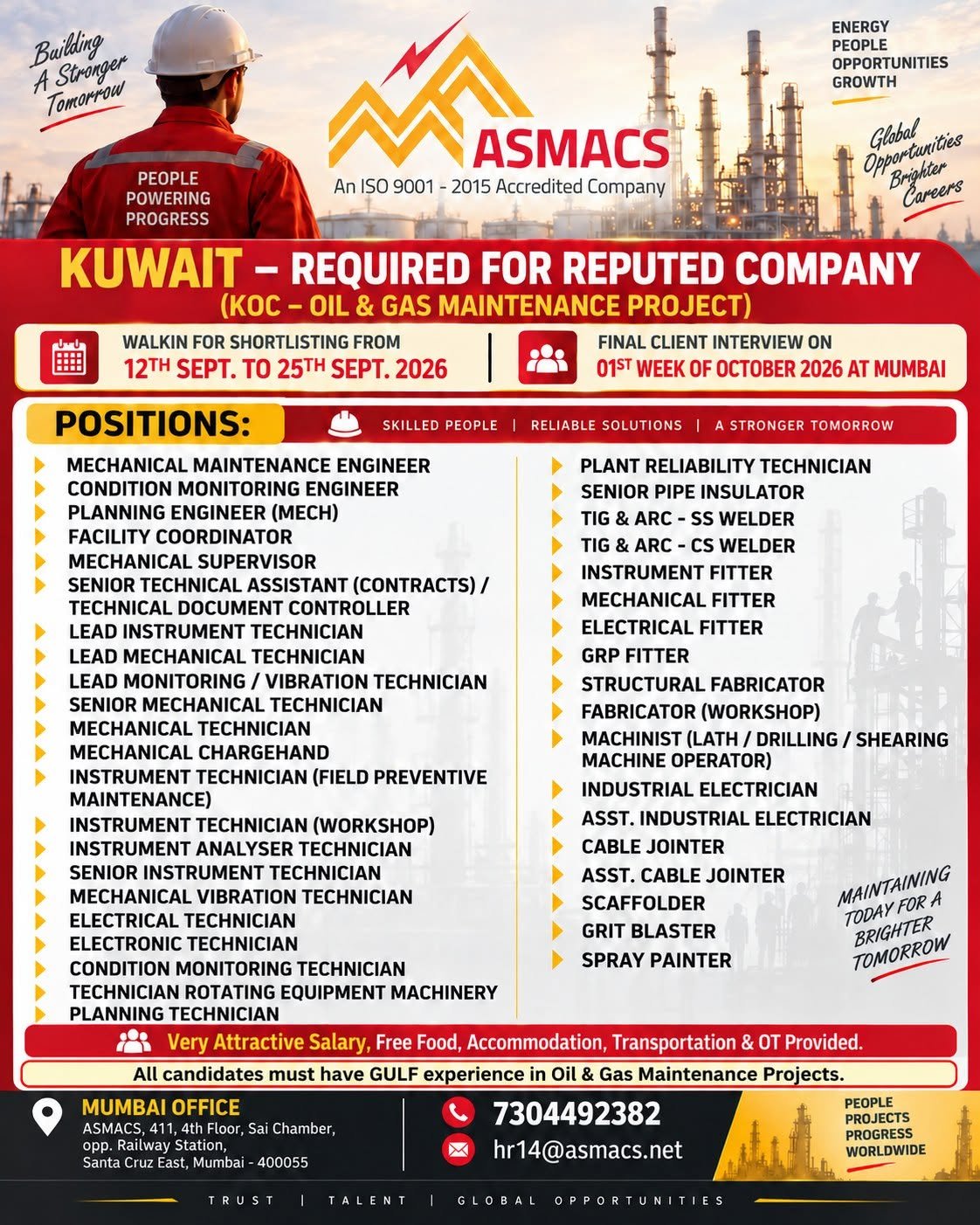 Hiring for Kuwait – Oil & Gas Maintenance Project