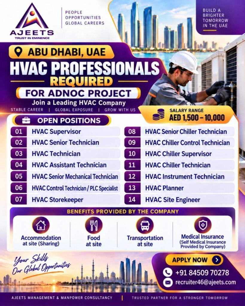 UAE : Hiring HVAC professionals for Abu Dhabi