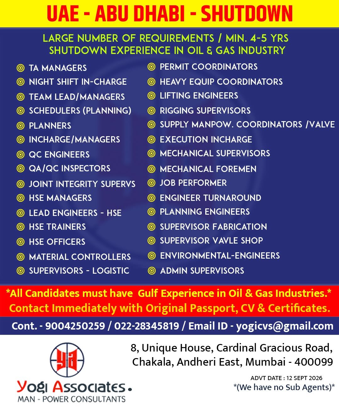UAE Abu Dhabi Shutdown Jobs 2026: Oil & Gas Vacancies for Managers, Engineers, Supervisors and Technicians