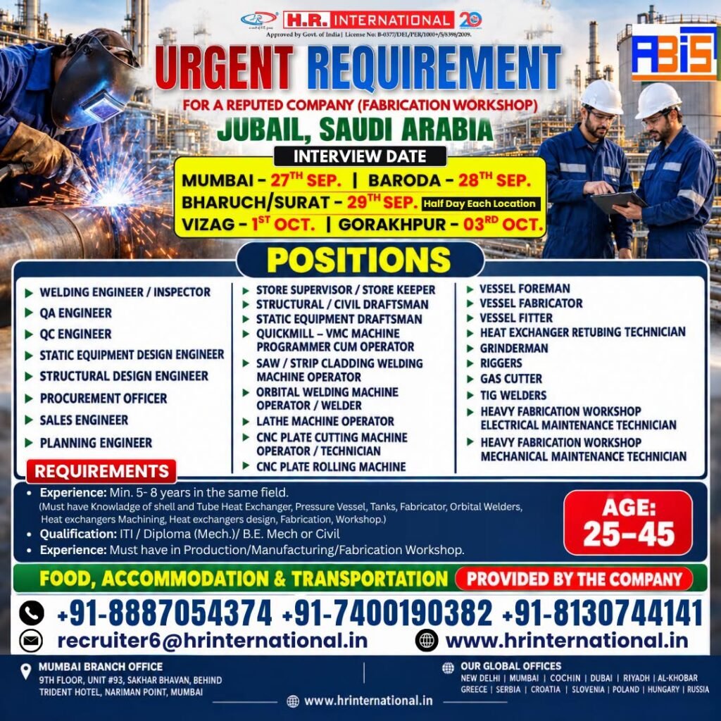 Saudi Arabia : hiring for a reputed company (Fabrication Workshop) in Jubail