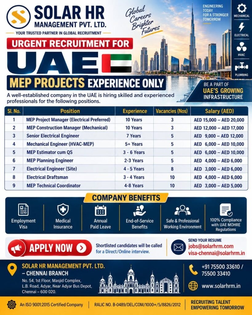 UAE : hiring skilled and experienced MEP professionals for leading projects