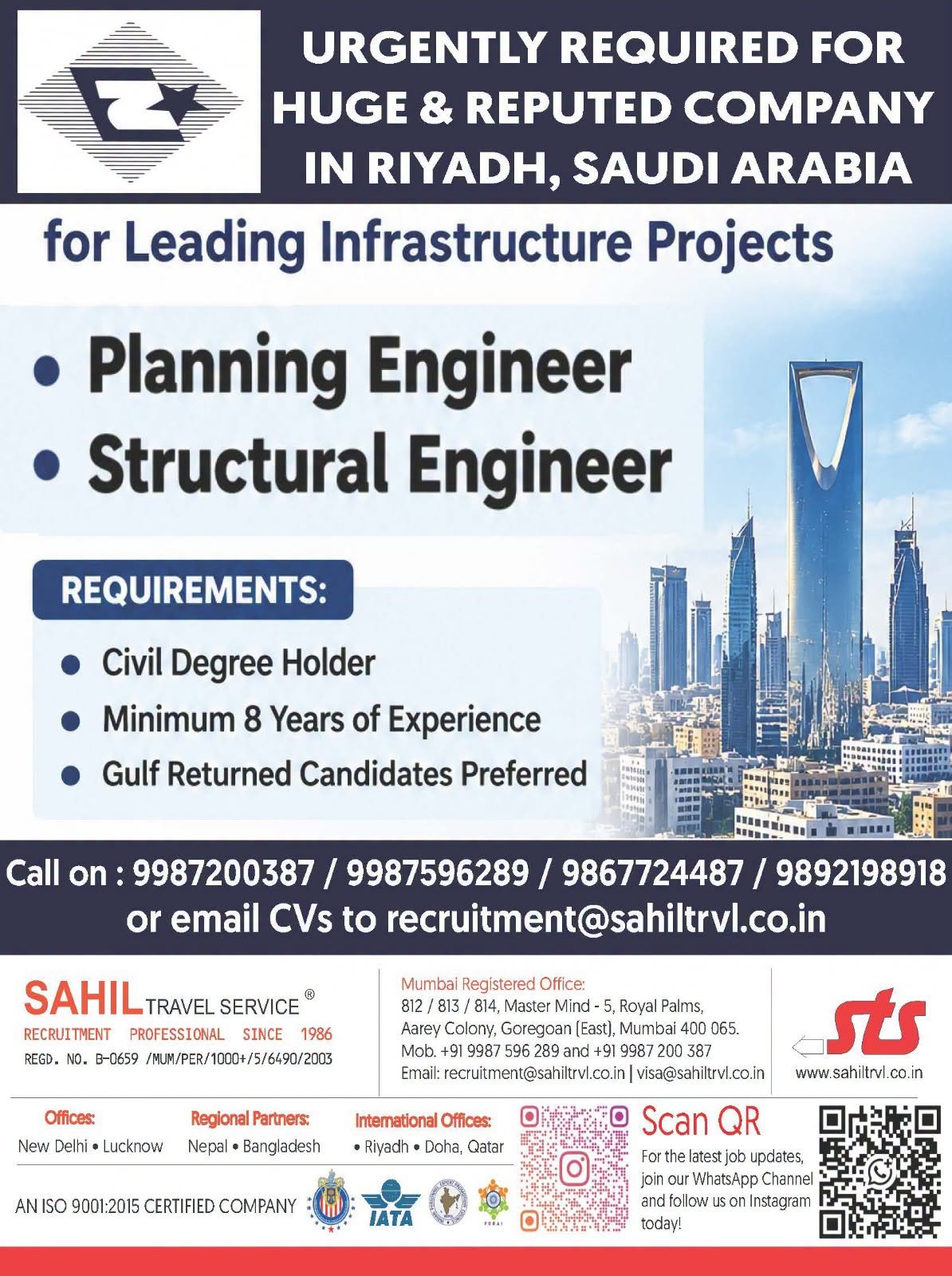 hiring for a Reputed Construction Company in Riyadh, Saudi Arabia