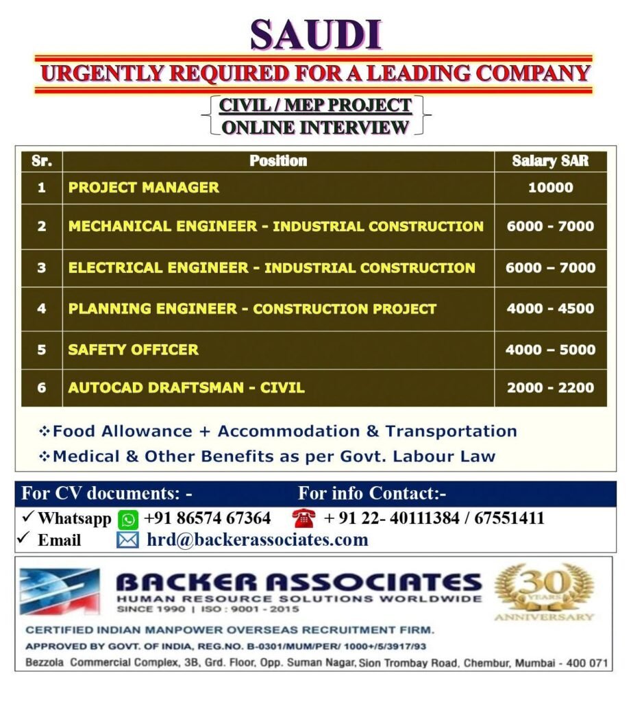 Saudi Arabia Jobs 2026: Civil and MEP Project Hiring 