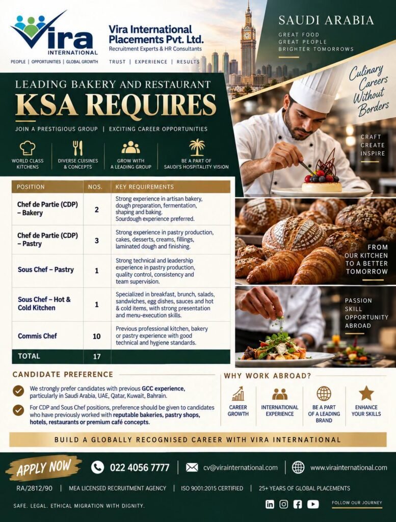 Saudi Arabia : A leading bakery and restaurant group in Saudi Arabia is hiring 