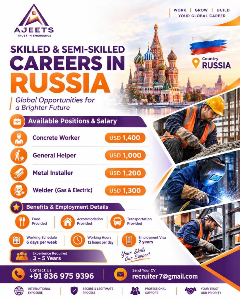 Russia - Job openings in Russia for skilled and semi-skilled professionals