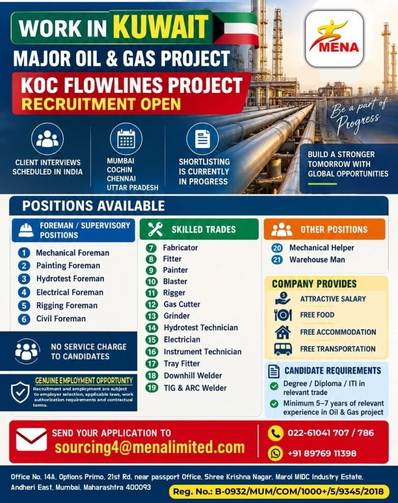 Jobs in Kuwait : Major Oil & Gas Project | Apply Now