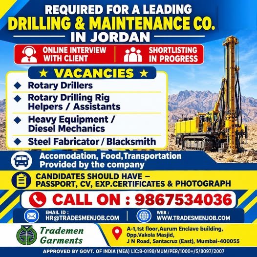 Jordan Jobs 2026 – Urgent Recruitment for Drilling & Maintenance Company