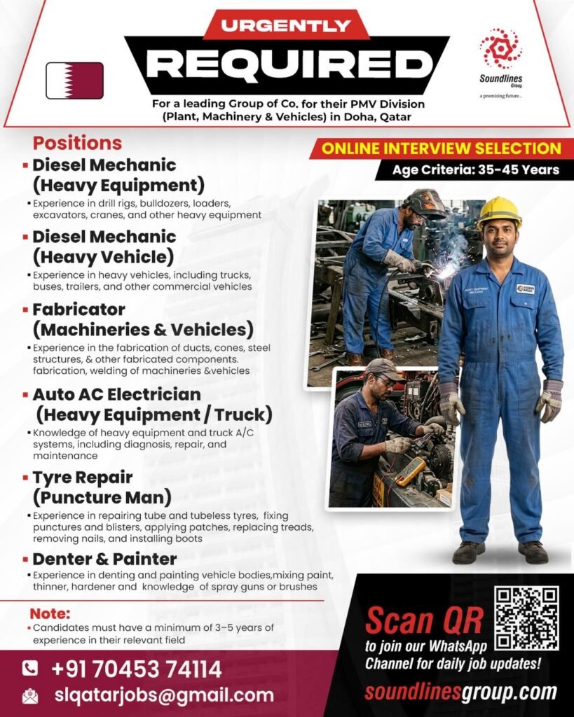 Hiring For PMV Division (Plant, Machinery & Vehicles) | Doha, Qatar