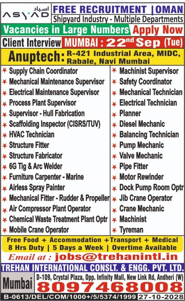 Urgent Recruitment for OMAN ASYAD Shipyard Company