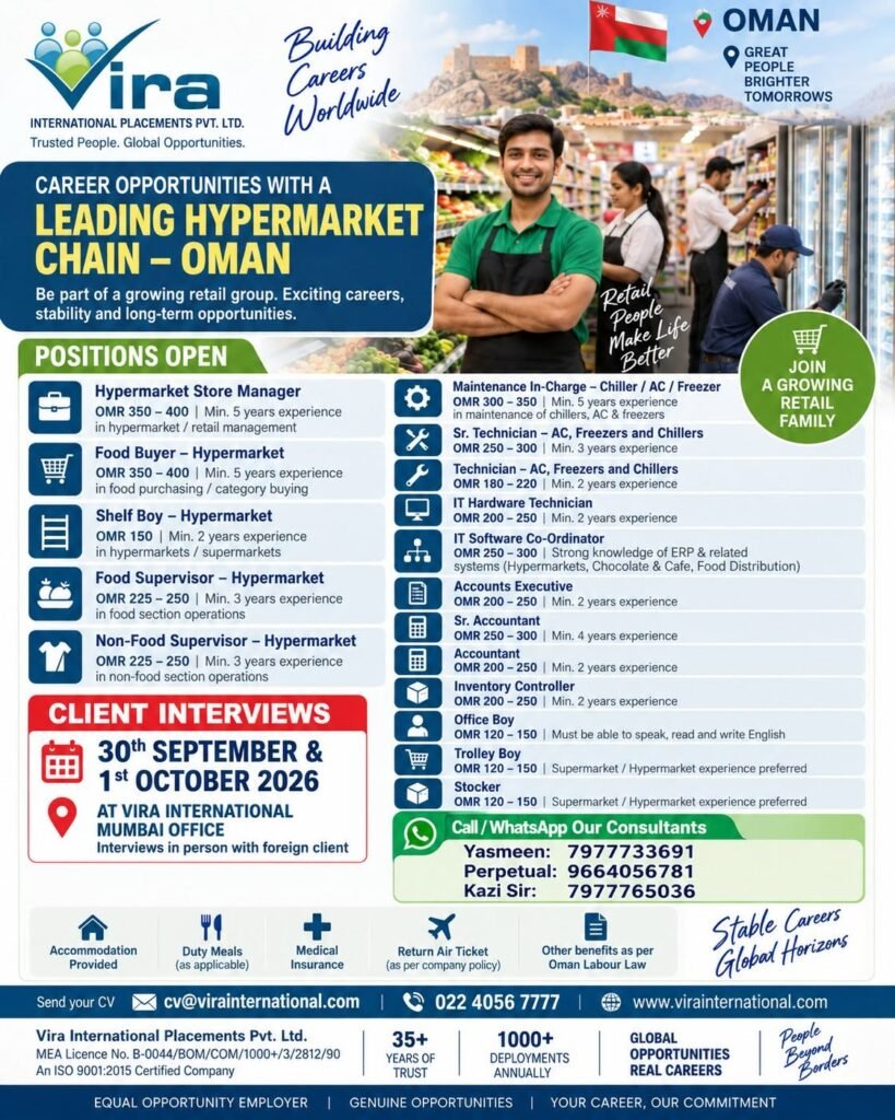Oman Jobs 2026 – Hypermarket Chain Hiring Store Managers, Supervisors, Technicians & Staff Oman Jobs 2026 – Hypermarket Chain Hiring Store Managers, Supervisors, Technicians & Staff