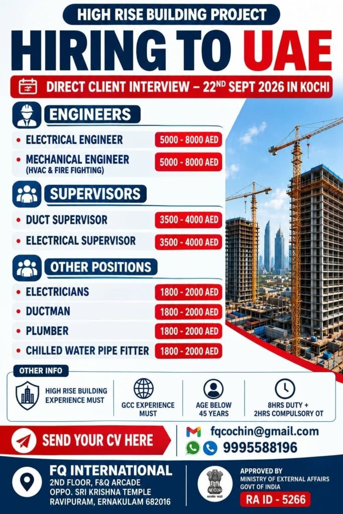 UAE Jobs 2026 – High Rise Building Project Hiring Engineers, Supervisors & Technicians