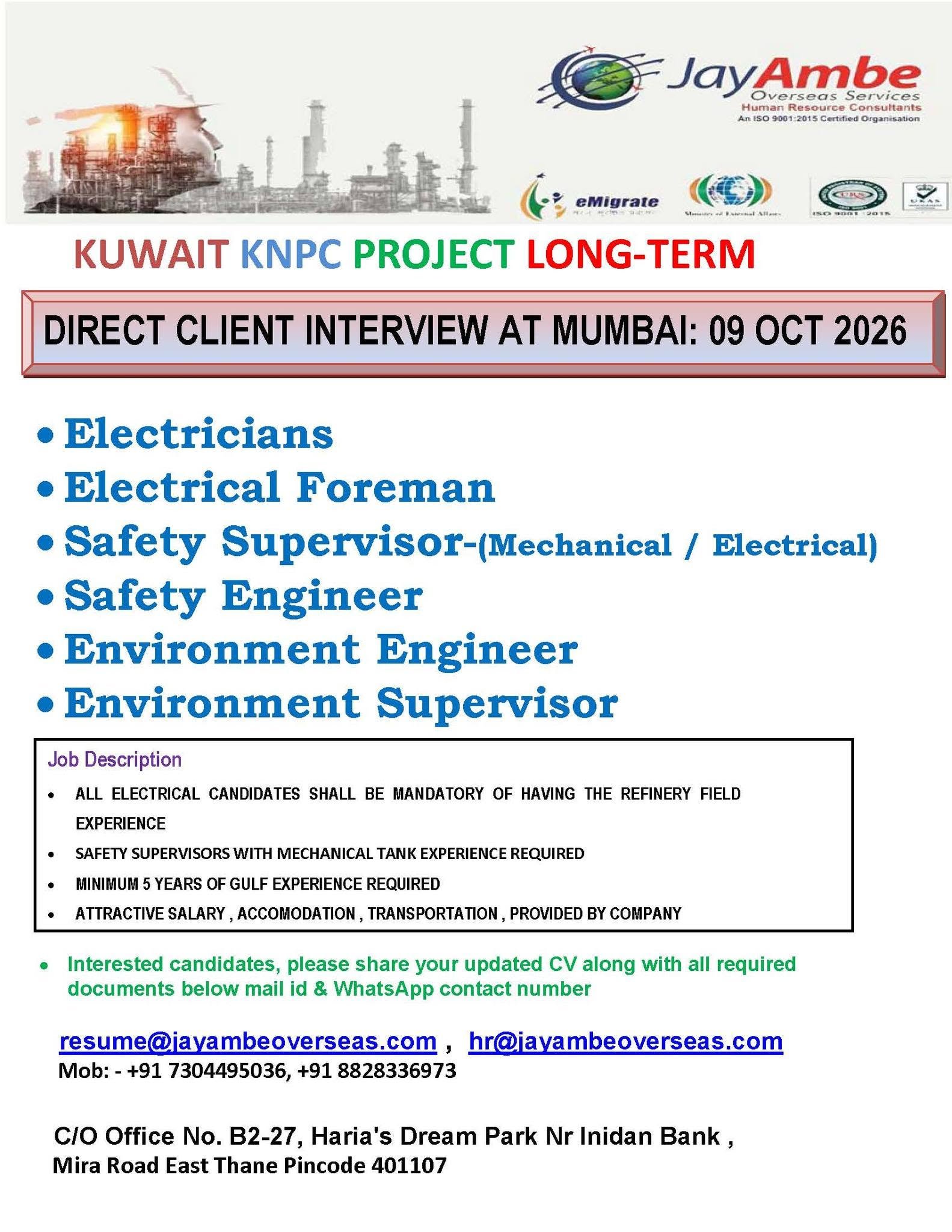 Kuwait Jobs 2026 – Long-Term Project | Electricians, Safety & Environment Vacancies