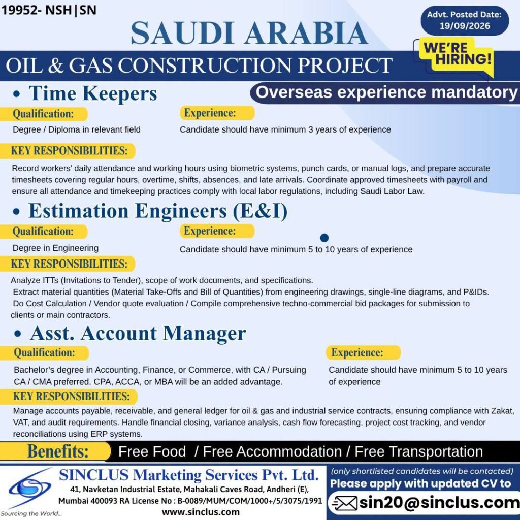 Saudi Arabia Jobs 2026 – Oil & Gas Construction Project | Apply Now