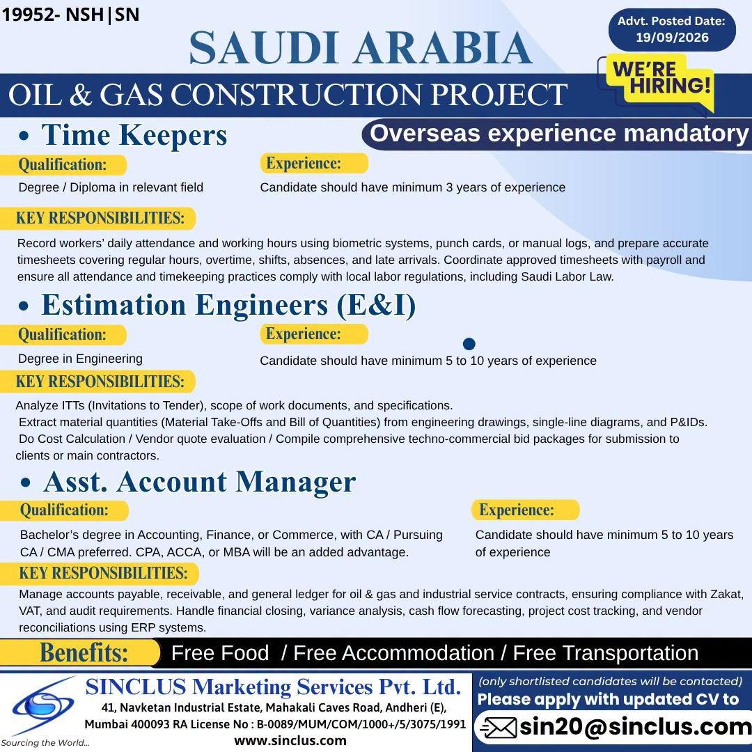 Saudi Arabia Jobs 2026 – Oil & Gas Construction Project | Apply Now