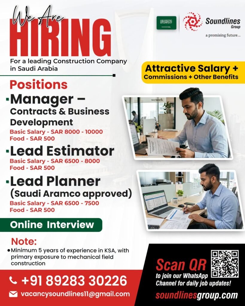 Hiring Urgently For a leading Construction Company in Saudi Arabia