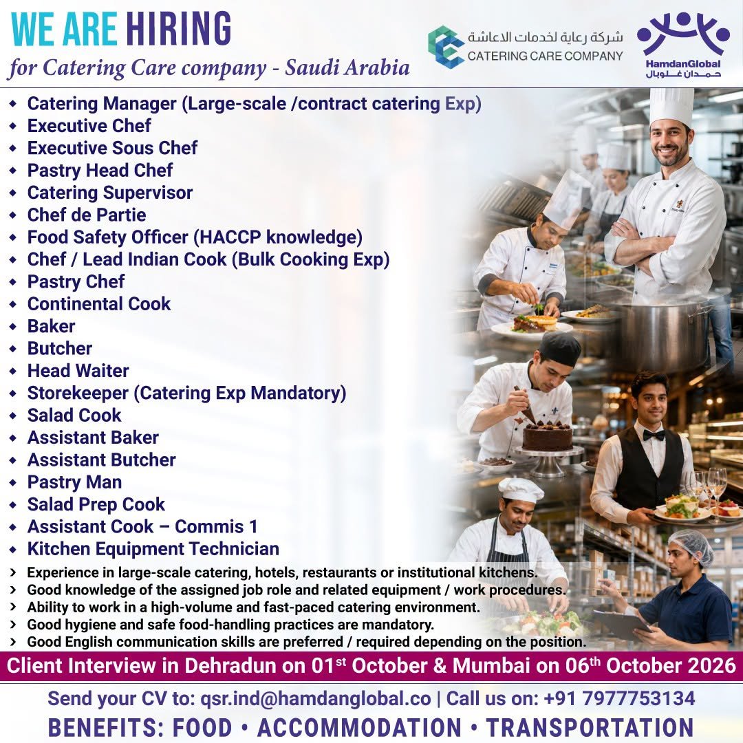 hiring for Catering Care Company in Saudi Arabia