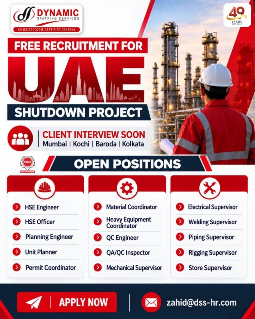 UAE Shutdown Jobs 2026 – Free Recruitment | HSE, Planning, QA/QC & Supervisory Vacancies