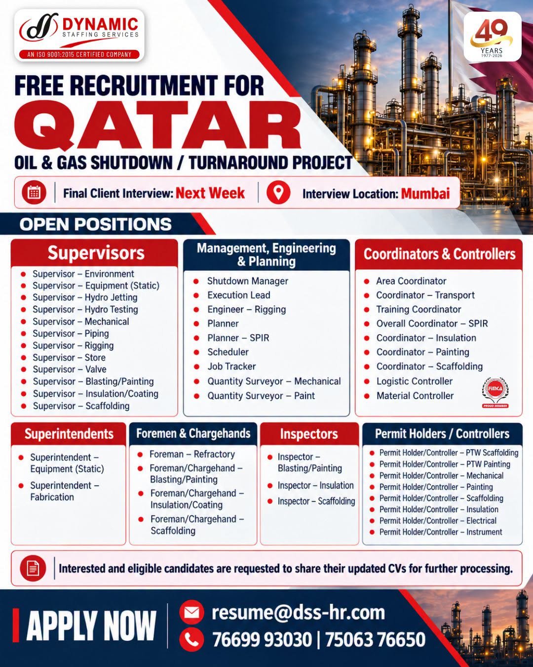 Qatar Oil & Gas Jobs 2026 – Free Recruitment for Shutdown & Turnaround Project