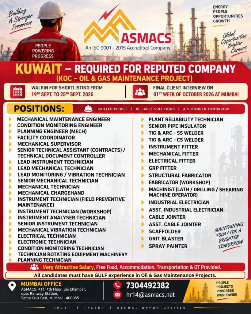 Urgent Hiring for Kuwait – Oil & Gas Maintenance Project