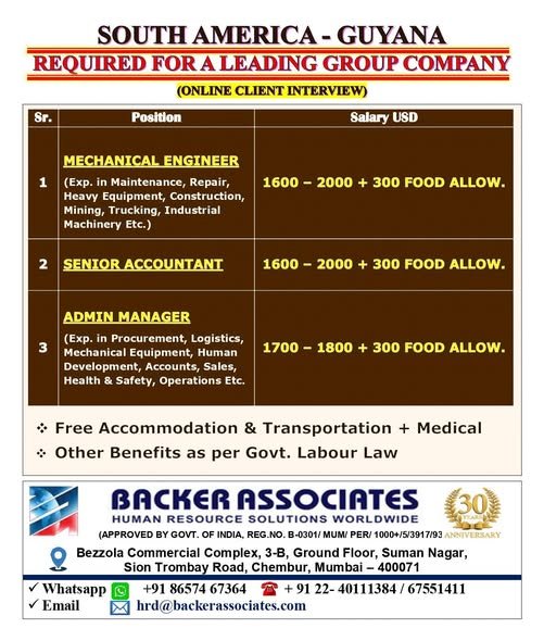 Guyana Jobs 2026 – Mechanical Engineer, Senior Accountant & Admin Manager Vacancies