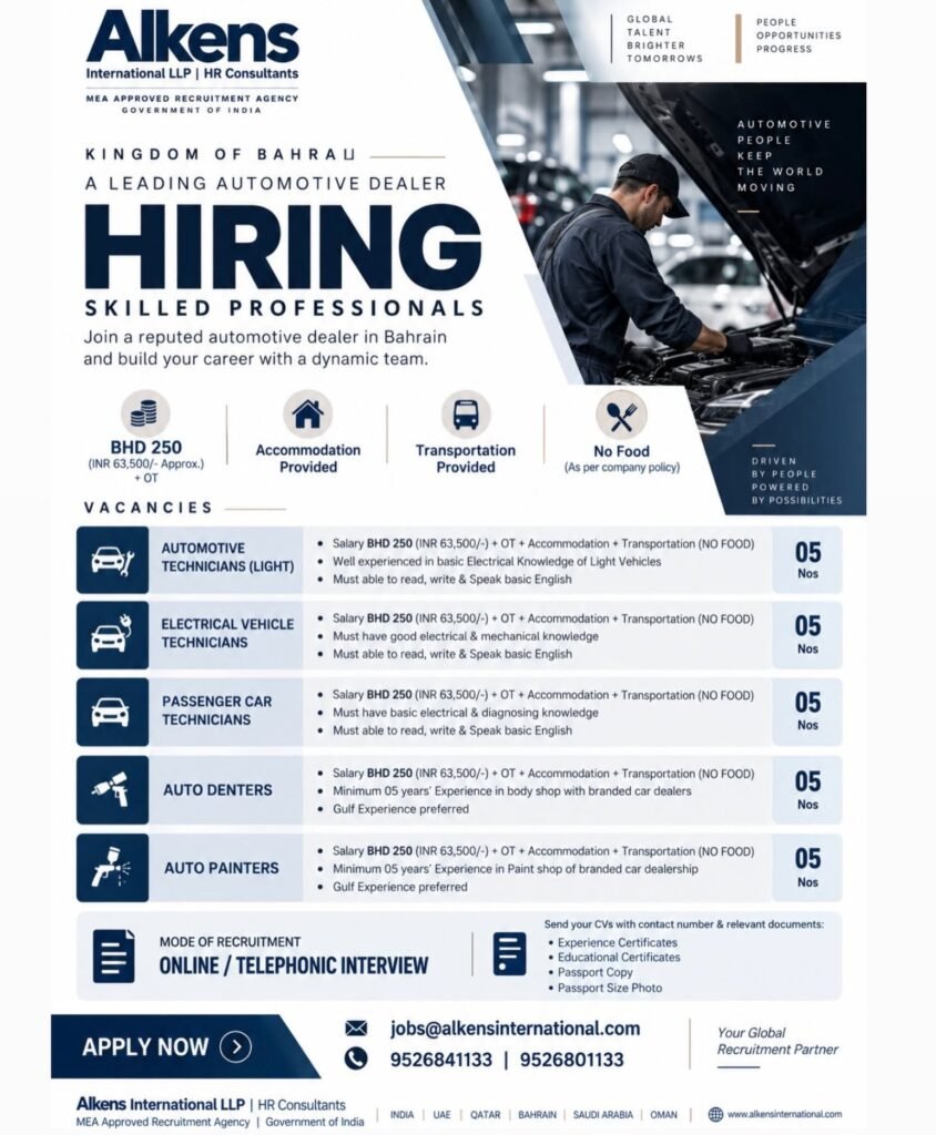 hiring skilled automotive professionals for a leading automotive dealer in Bahrain.