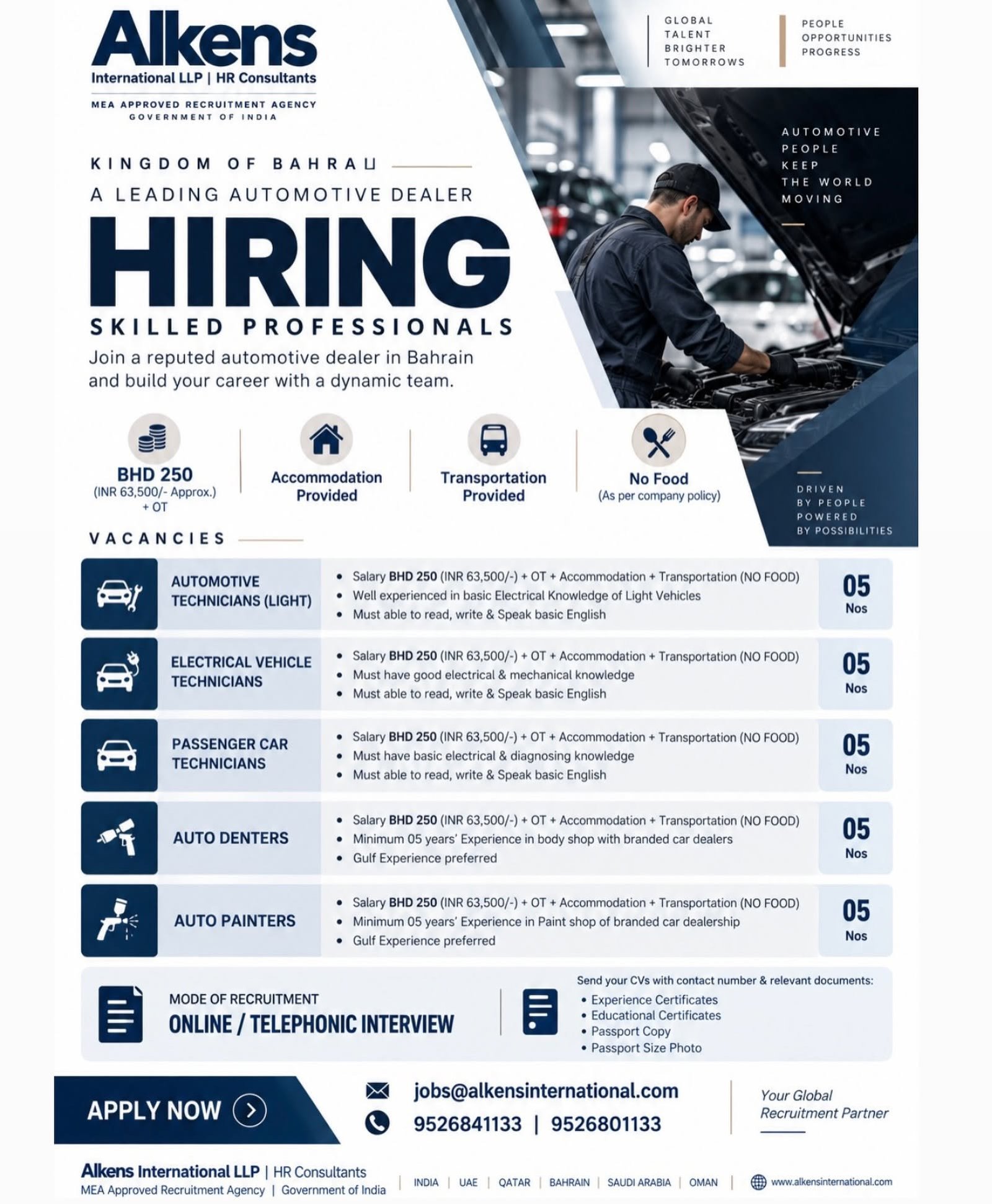 hiring skilled automotive professionals for a leading automotive dealer in Bahrain.