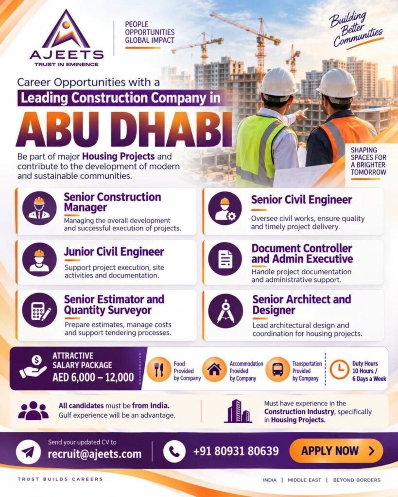UAE : Job Vacancies For A reputed construction company