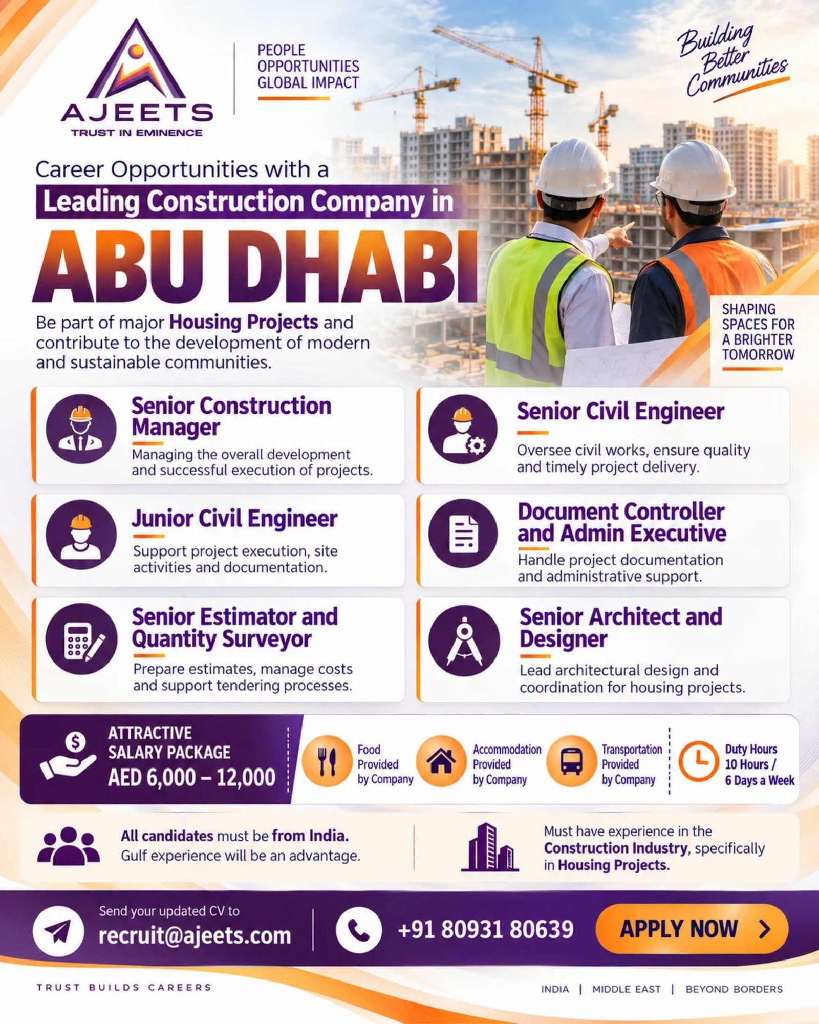 UAE : Job Vacancies For A reputed construction company
