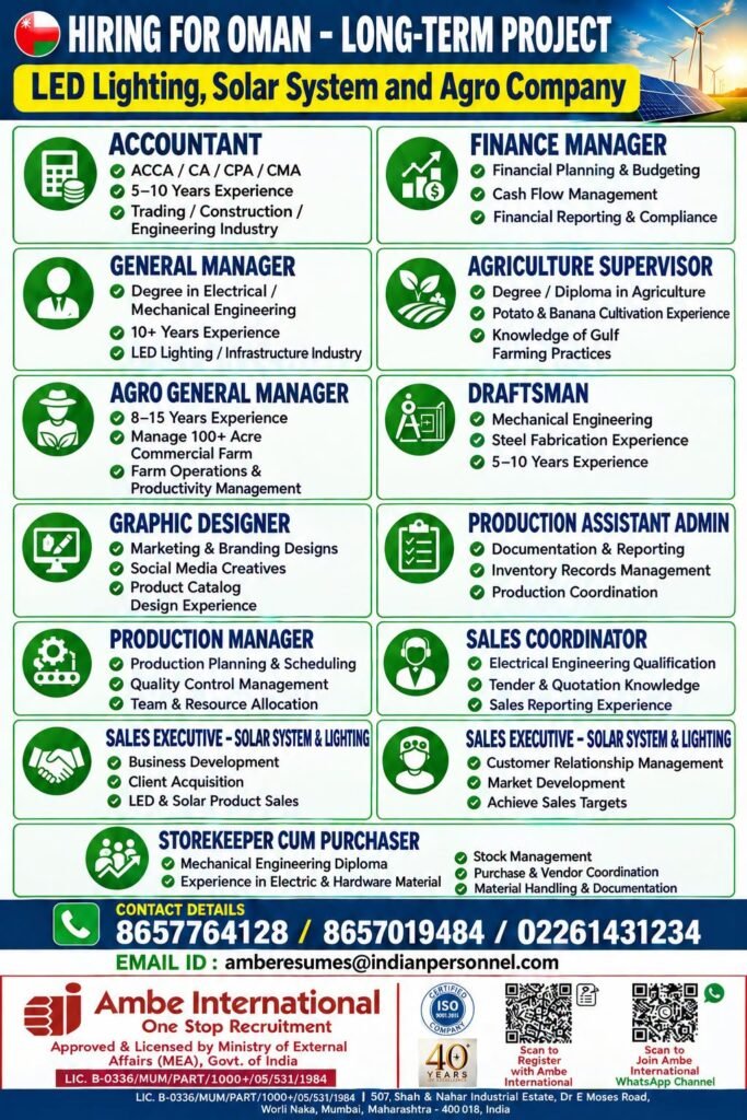 Oman Jobs 2026 – Long-Term Project | LED Lighting, Solar System & Agro Company Hiring