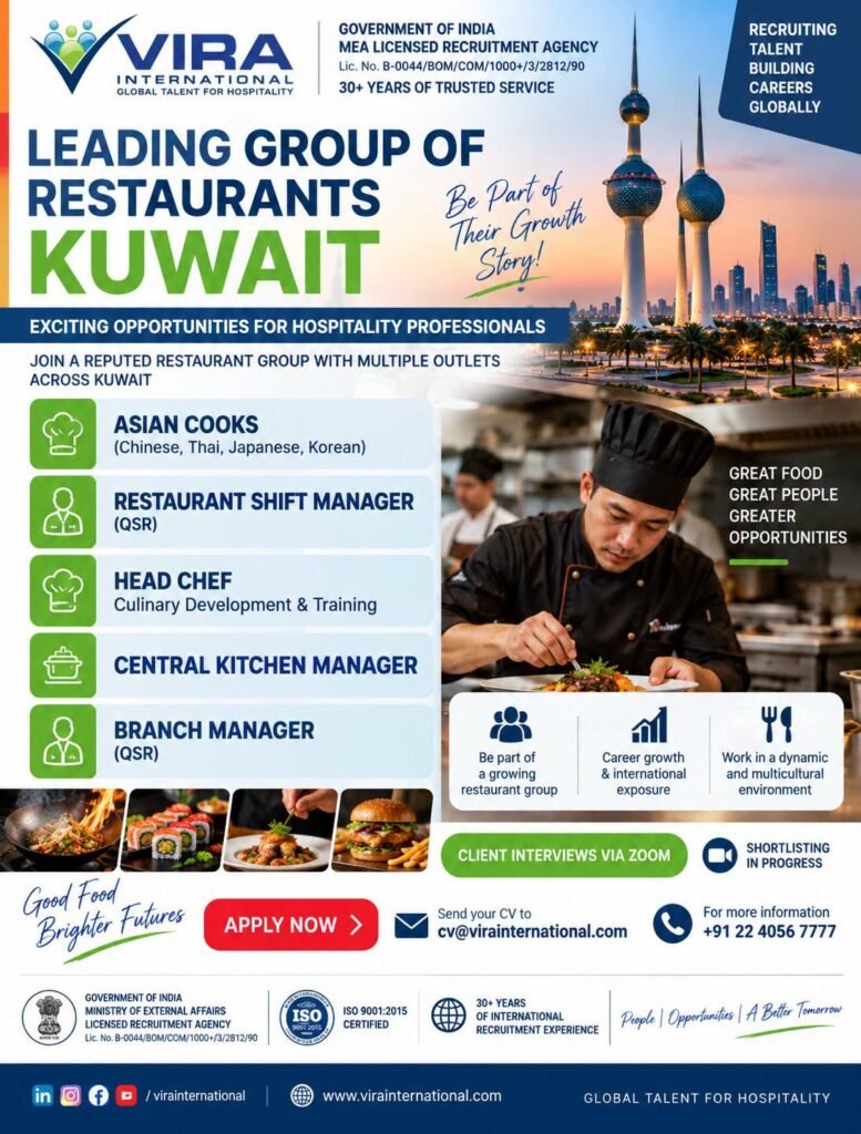 Hiring For A leading group of restaurants in Kuwait 